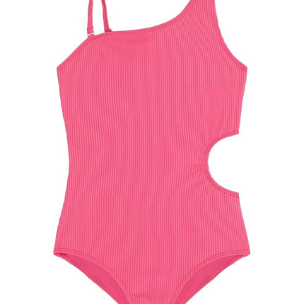 Kanu Surf Girls' Cori Beach Sport One Shoulder Side Cut UPF 50 One Piece Swimsuit, Rib Solid Pink, 8