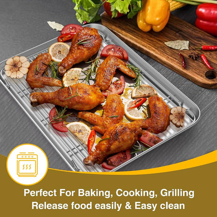 Wildone Baking Sheet with Cooling Rack Set, Set of 6 (3 Sheets + 3 Racks), Stainless Steel Cookie Sheet Baking Pan with Cooling Rack, Non Toxic & Heavy Duty & Easy Clean 16 * 12 * 9 Silver
