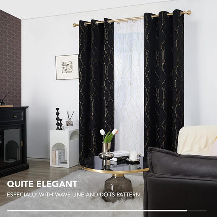 Deconovo Cortinas Opacas Negras Línea de Onda con Puntos Dorados Estampados Ojales Cortinas Bloqueadoras de Sol para Ventanas 42 x 84 Pulgadas Negras 2 Paneles