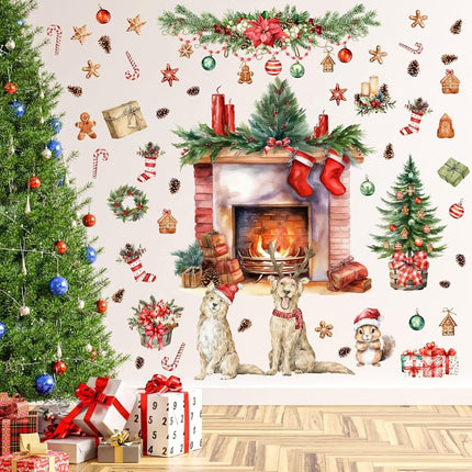 Christmas Wall Decals Merry Christmas Wall Stickers Fireplace Stickers Christmas Pine Tree Decals for Wall Removable Winter Animals Wall Art Decals for Christmas Party Supplies Living Room Home Decor