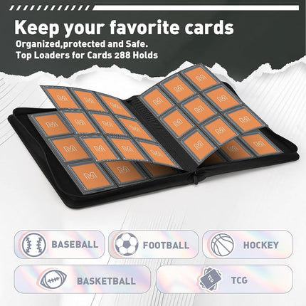 Toploader Binder,Trading Card Binder Storage Hold up 288 Cards 9-Pocket Top Loader Binder with Sleeves for 3"x4" Rigid Toploaders Hard Cases (9Carbon Fiber Black)