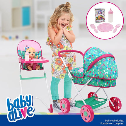 509 Crew Baby Alive: Travel N' Feed Set - 7pcs - Green, Pink, Hearts - Stroller, Highchair, Bag, Feeding Accessories, Set for Dolls Up to 18", Kids Toy, Ages 3+
