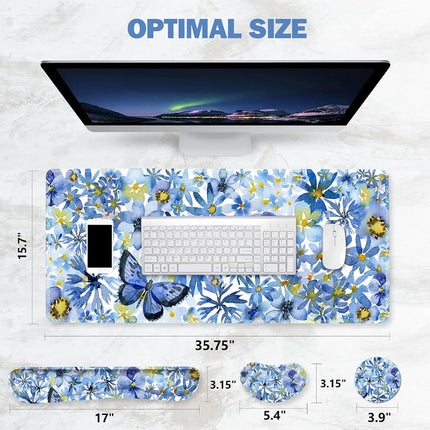 ToLuLu Desk Mat, Gaming Mouse Pad Wrist Support 4 in1 Set, XXL Large Mouse Pad + Keyboard Wrist Rest + Memory Foam Cushion Mouse Wrist Rest for Pain Relieve + Coaster Computer, Butterfly Loves Flower
