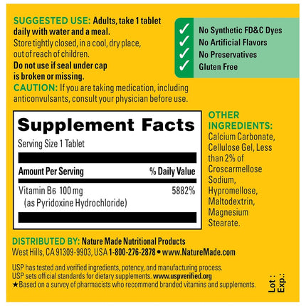 Nature Made Vitamin B6 100 mg Tablets, 100 Count for Metabolic Health† (Packaging May Vary)
