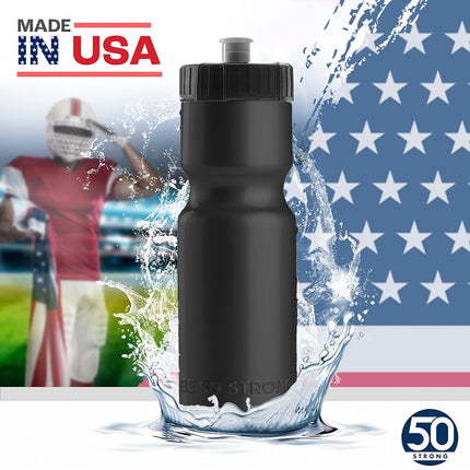 50 Strong Sports Water Bottles 6-Pack – Reusable 22 oz BPA-Free Plastic Bottles with Pull Top Cap – Made in USA – Top Rack Dishwasher Safe – Fits Most Bike Cages Brand - Black