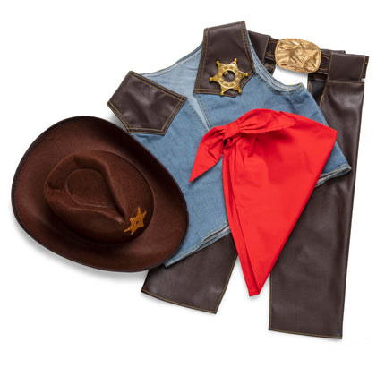 Melissa & Doug Set de disfraz de vaquero (5 piezas) - Incluye chaparreras de imitación de cuero - Disfraz de vaquero para juegos de rol con chaleco para niños y niñas