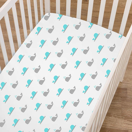 American Baby Company Sábana ajustable de punto de algodón 100 % de 4 piezas para colchones de minicuna Porta, zigzag azul/ballena aguamarina/gris/blanco, para niños y niñas