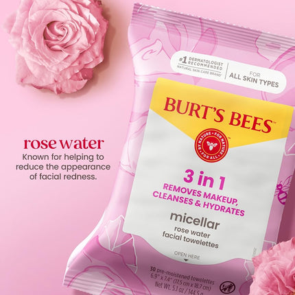 Burts Bees Mothers Day Face Wipes Gifts for Mom, Makeup Remover Facial Cleansing Towelettes for All Skin Types, 3 in 1 Hydrating Micellar Cleanser with Rose Water, 30 Count (Pack Of 3)