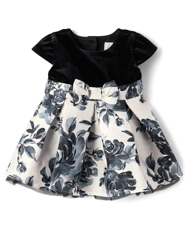 The Children's Place Vestidos elegantes de manga corta para bebés y recién nacidas, Negro Blanco Floral, 0-3 meses