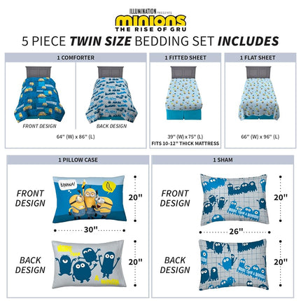 Franco Comforter and Sheet Set with Sham, Microfiber, Minions, 5 Piece Twin Size