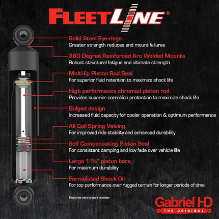 Gabriel 85955 FleetLine HD Truck Front Shocks Fits 07-11 International 9400i SBA; OEM# 3660548C1, 3660549C1, 65992-001, 65992-002, 3613984C1, 65992002L, 3609178C1
