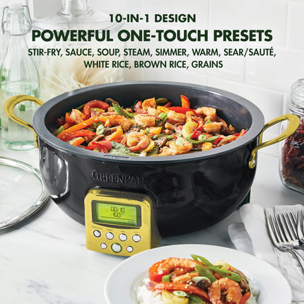 GreenPan Reserve Essential Smart Electric 6QT Skillet Pot, Presets to Sear Saute Stir-Fry and Cook Rice, Healthy Ceramic Nonstick and Dishwasher Safe Parts, Easy-to-use LED Display, Gold