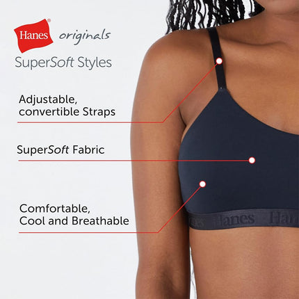 Hanes Women's Originals Ultra Supersoft String Bralette, Pullover Bra, Scoop Neckline, Opaque, White, XL