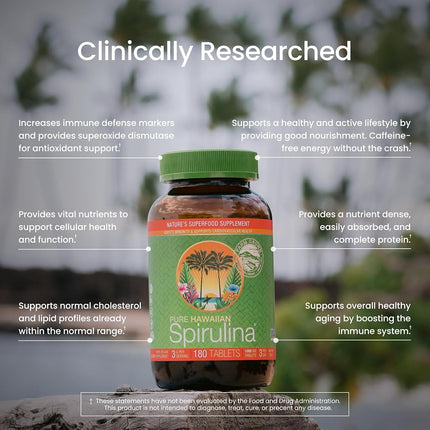 Pure Hawaiian Spirulina - 1000mg tablets 180 count – Boosts Energy and Supports Immunity – Vegan, Non GMO – Natural Superfood Grown in Hawaii
