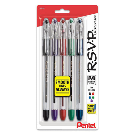 Pentel R.S.V.P. Ballpoint Pen, Medium Line, Assorted Ink, 5 Pack (BK91BP5M)