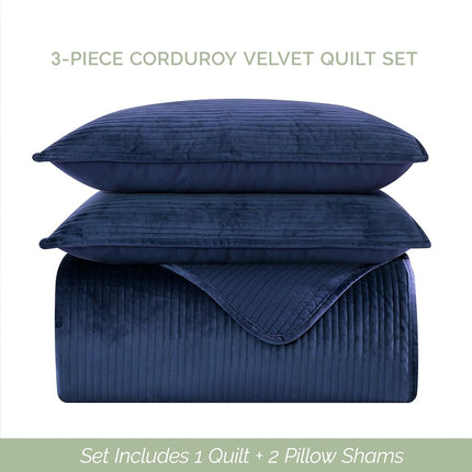 Elegant Comfort Luxury 3-Piece Velvet Corduroy Stripe Quilt Set, Ultra Soft Bedspread - Cozy Velvet Coverlet Set - 3PC Medium Weight Quilted Set with Matching Pillow Shams, Queen, Navy Blue