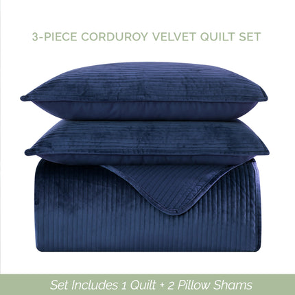 Elegant Comfort Luxury 3-Piece Velvet Corduroy Stripe Quilt Set, Ultra Soft Bedspread - Cozy Velvet Coverlet Set - 3PC Medium Weight Quilted Set with Matching Pillow Shams, Queen, Navy Blue