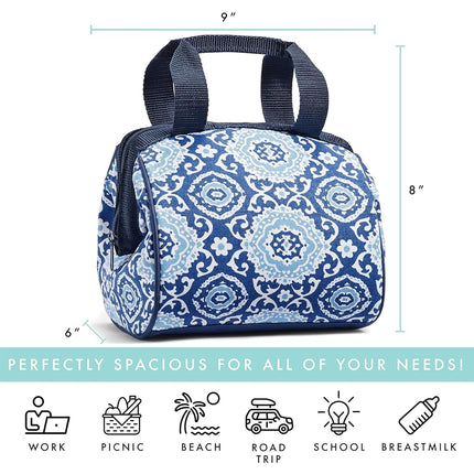 Fit & Fresh 902FFST448 Charlotte Insulated Lunch Bag with Reusable Ice Pack (Medallion Bloom), Cotton, Navy