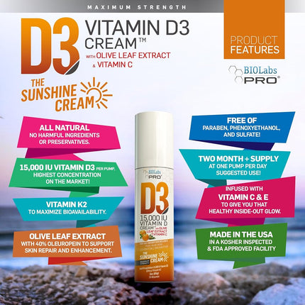 All Natural Vitamin D3 15000IU Vitamin D Cream - Maximum Strength - Fight Vitamin D Deficiency Naturally - with Vitamin K2 & Olive Leaf Extract - Safe & Effective - 3oz