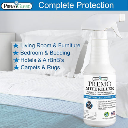 Mite Killer Spray by Premo Guard – Treatment for Dust Spider Bird Rat Mouse Carpet and Scabies Mites – Fast Acting 100% Effective – Child & Pet Safe – Best Natural Extended Protection (16 oz)