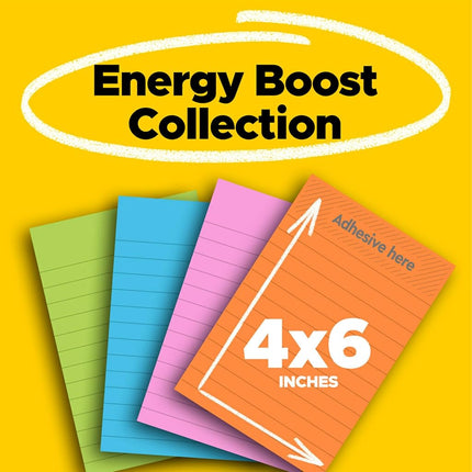 Post-it Super Sticky Notes, 101,6x152,4 mm, 4 Blocs, Pouvoir Adhésif Doublé, Collection Énergie, Couleurs Vives (Orange, Rose, Bleu, Vert), Recyclable (4621-SSAU)