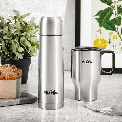 Mr. Coffee 4-Piece Insulated Drinkware Set — Stainless Steel Thermos, Travel Mug with Handle, Cup & Lid for Hot & Cold Drinks
