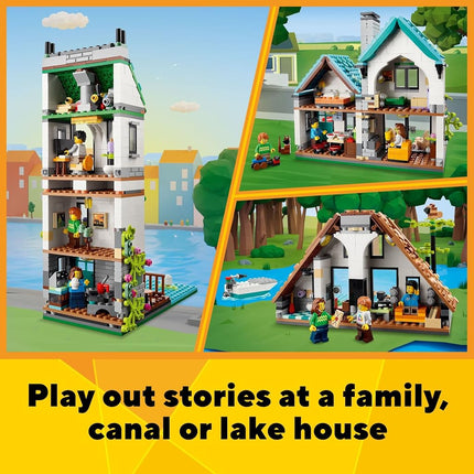 Creator 3 in 1 Cosy House Building Kit, Rebuild into 3 Different Houses, Includes Family Minifigures and Accessories, DIY Building Toy Ideas for Outdoor Play for Kids, Boys and Girls, 31139
