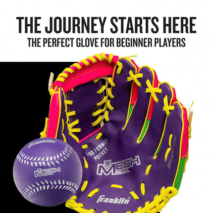 Franklin Sports Teeball Recreational Series Fielding Left Hand Glove with Baseball, 9.5-Inch, Purple/Lime/Pink/Yellow