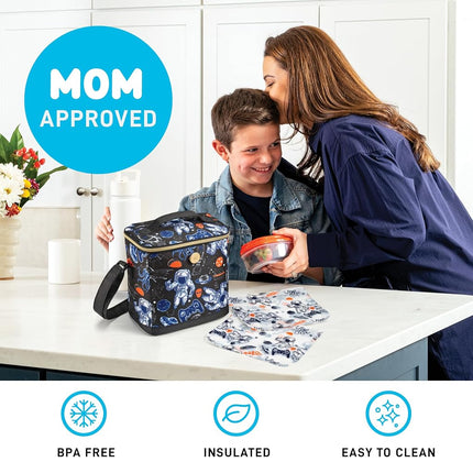 Fit & Fresh Insulated Lunch Box for Kids Boys & Girls, Lunch Bag for Kids with 2 Reusable Snack Bags, School Lunch Box, Cypress Astronaut Black