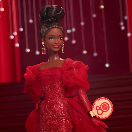 Barbie Signature Doll, Mattel 80th Anniversary Collectible in Glittery Red Tulle Gown with Drop Earrings and Sheer Gloves, Brunette, JBJ18