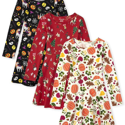 The Children's Place Vestido Skater de Moda para niñas, paquete de 3, Halloween/Acción de Gracias/Navidad, Mediano