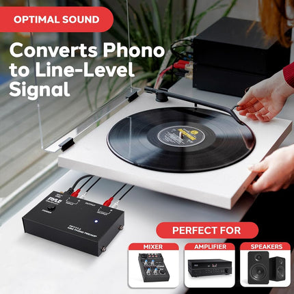 Pyle Phono Turntable Preamp - Mini Audio Stereo Phonograph Preamplifier with RCA Inputs & Outputs, Low Noise Operation, 12V DC Adapter Powered, Compatible with Turntables, Receivers, Speakers & More
