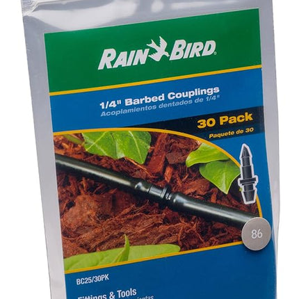 Rain Bird BC25-30PS Drip Irrigation Universal 1/4" Barbed Coupling Fitting, 1/4" Drip Tubing, 30-Pack