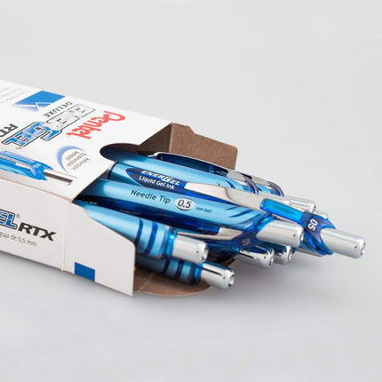 Pentel® EnerGel™ RTX Retractable Liquid Gel Pens, Fine Point, 0.5 mm, 54% Recycled, Assorted Barrel Colors, Blue Ink, Pack Of 12 Pens