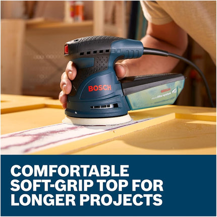 BOSCH ROS20VSC Palm Sander 2.5 Amp 5 Inch Corded Variable Speed Random Orbital Sander, Polisher Kit with Dust Collector and Soft Carrying Bag