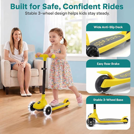 SereneLife Kids Scooter for Ages 3–7 – 3 Wheel Kick Scooter with Seat Option, Light-Up LED Wheels, Lean-to-Steer, Foldable, Adjustable Height, 50 kg Capacity