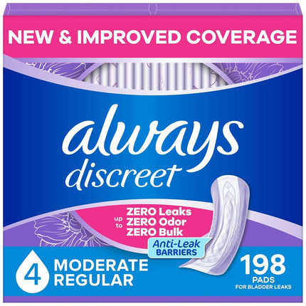 Always Discreet Adult Incontinence Pads for Women, Moderate Absorbency, Regular Length, Postpartum Pads, 198 CT