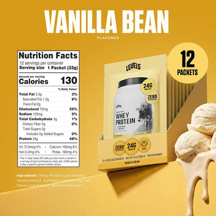 Levels Grass Fed Whey Protein Powder, No Artificials, 24G of Protein, Vanilla Bean, 12 Count