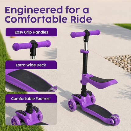 Hurtle 3-Wheeled Scooter for Kids - Wheel LED Lights, Adjustable Lean-to-Steer Handlebar, and Foldable Seat - Sit or Stand Ride with Brake for Boys and Girls Ages 1-14 Years Old