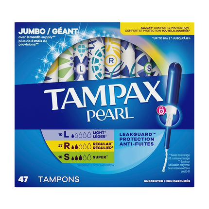 Tampax Pearl Plastic Tampons, Multipack, Light/Regular/Super Absorbency, Unscented, 50 Count