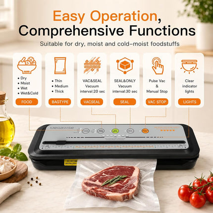 MEGAWISE Multi-Function Vacuum Food Sealer for Meal Prep, Built-In Cutter