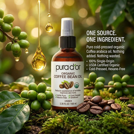 PURA D'OR 3.38 Oz ORGANIC Coffee Bean Oil - 100% Pure USDA Certified Premium Grade Natural Moisturizer, Cold Pressed, Unrefined, Hexane-Free Base Carrier Oil for DIY Skin Care For Men & Women