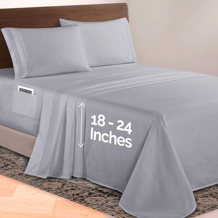Elegant Comfort Luxueux ensemble de draps 4 pièces en microfibre de qualité hôtelière supérieure 1500, profondeur 18-24 pouces - Draps à poches extra profondes - Draps 4 pièces ultra doux à poches profondes, King, Gris argenté