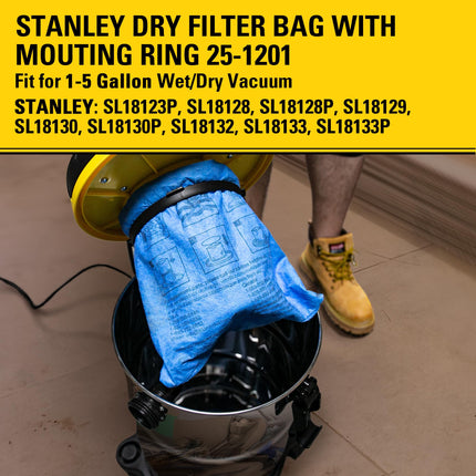 Stanley 25-1201 Filtro Reutilizable de Tela Azul con Anillo de Abrazadera para Aspiradoras Húmedas/Secas de 1 a 5 Galones, Compatible con SL18910P-3, SL18130P, SL18133, SL18129