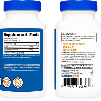 Nutricost CDP Choline (Citicoline) 300mg, 120 Veggie Capsules - Non-GMO, Vegan Friendly, Gluten Free