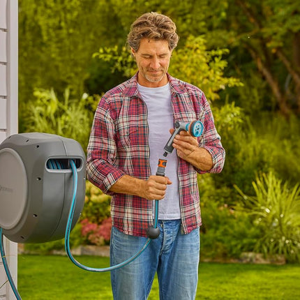 GARDENA 08040-50' ft. Wall Mount Retractable Garden Hose Reel, Lock at Any Length, 180 Degree Swivel, Precision German Engineering. 5 Year Warranty. Perfect Outdoor Hose Storage Solution