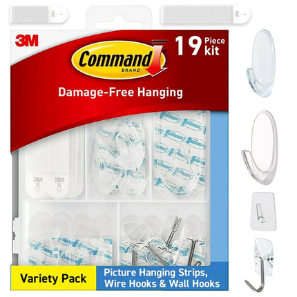 Command Variety Pack, Picture Hanging Strips, Wire Hooks and Wall Hooks, Damage Free Hanging Clear Variety Pack for Up to 19 Back to School Dorm Organizers, 1 Kit