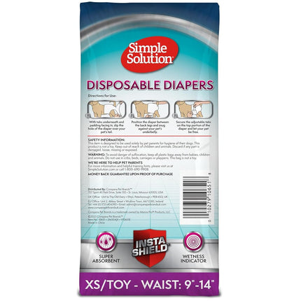 Simple Solution Disposable Dog Diapers for Female Dogs, True Fit, Absorbent, Leak Proof with Wetness Indicator, XS Puppy & Doggie Period Pad and Pee Diaper, for Toy Pets, 9–14-Inch Waist, 30 Count