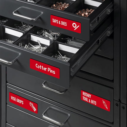 Pack of 90 Magnetic Toolbox Labels, 82 Premade & 8 Empty, Large Tool Box Organiser Labels, Strong Magnetic Force & Easy to Read for All Toolboxes, Drawers (Red)