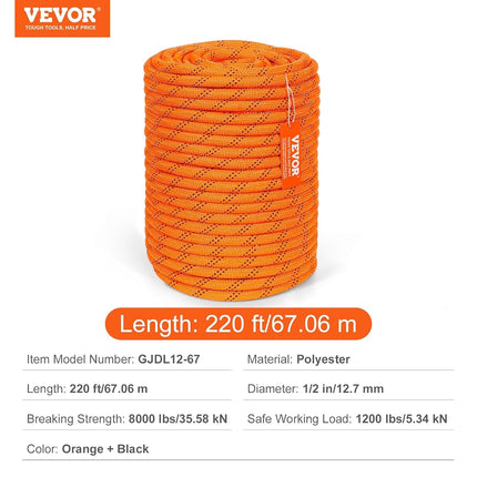 VEVOR Double Braided Polyester Rope, 1/2 Inch x 225 Yards, 48 Strands, 8000 Lb Breaking Strength, Outdoor Climbing Rope, Tree Care Rope for Rock Hiking, Camping, Swing, Rappelling, Rescue
